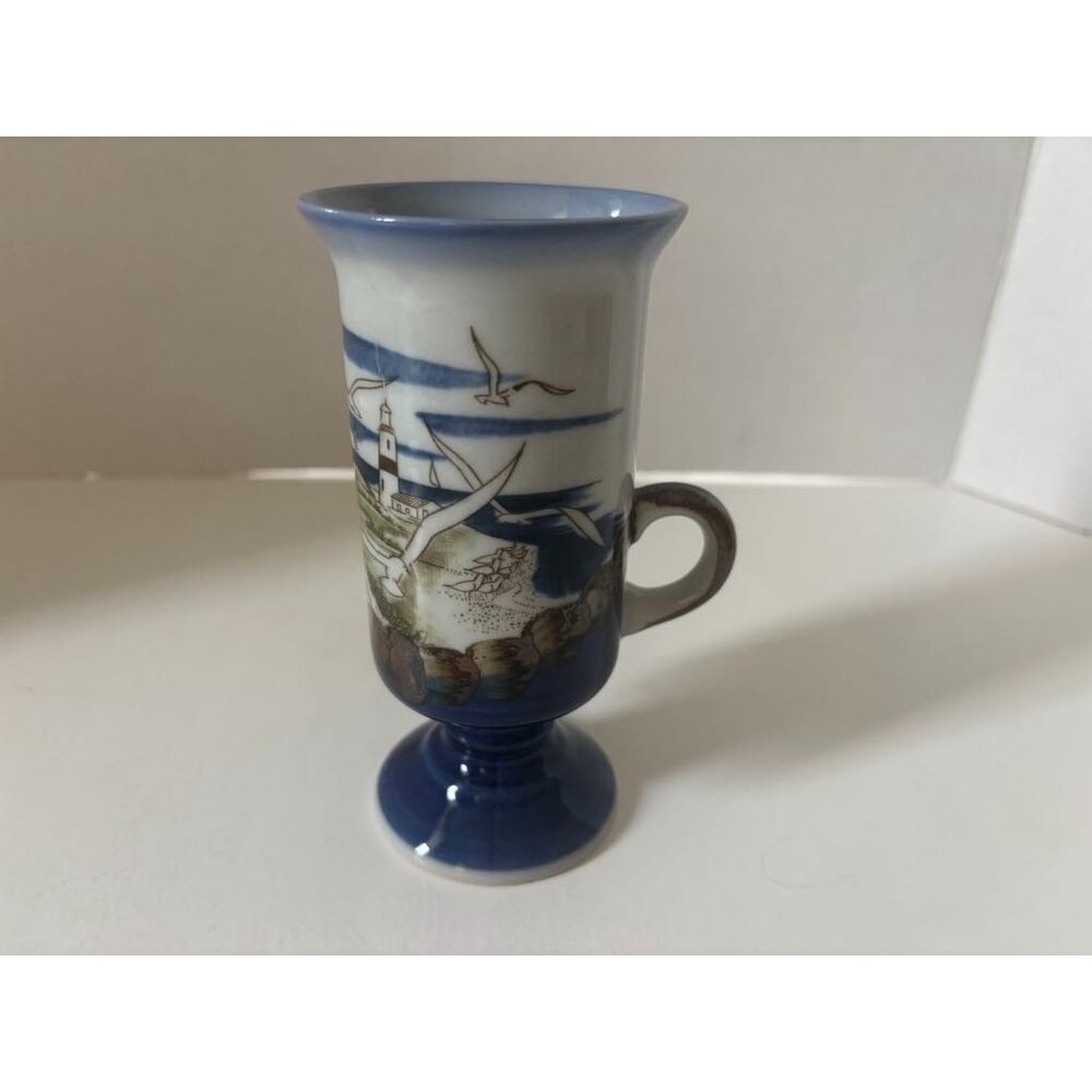 Vintage OTAGIRI Stoneware Pedestal Irish Coffee Mug Seagulls Lighthouse Nautical